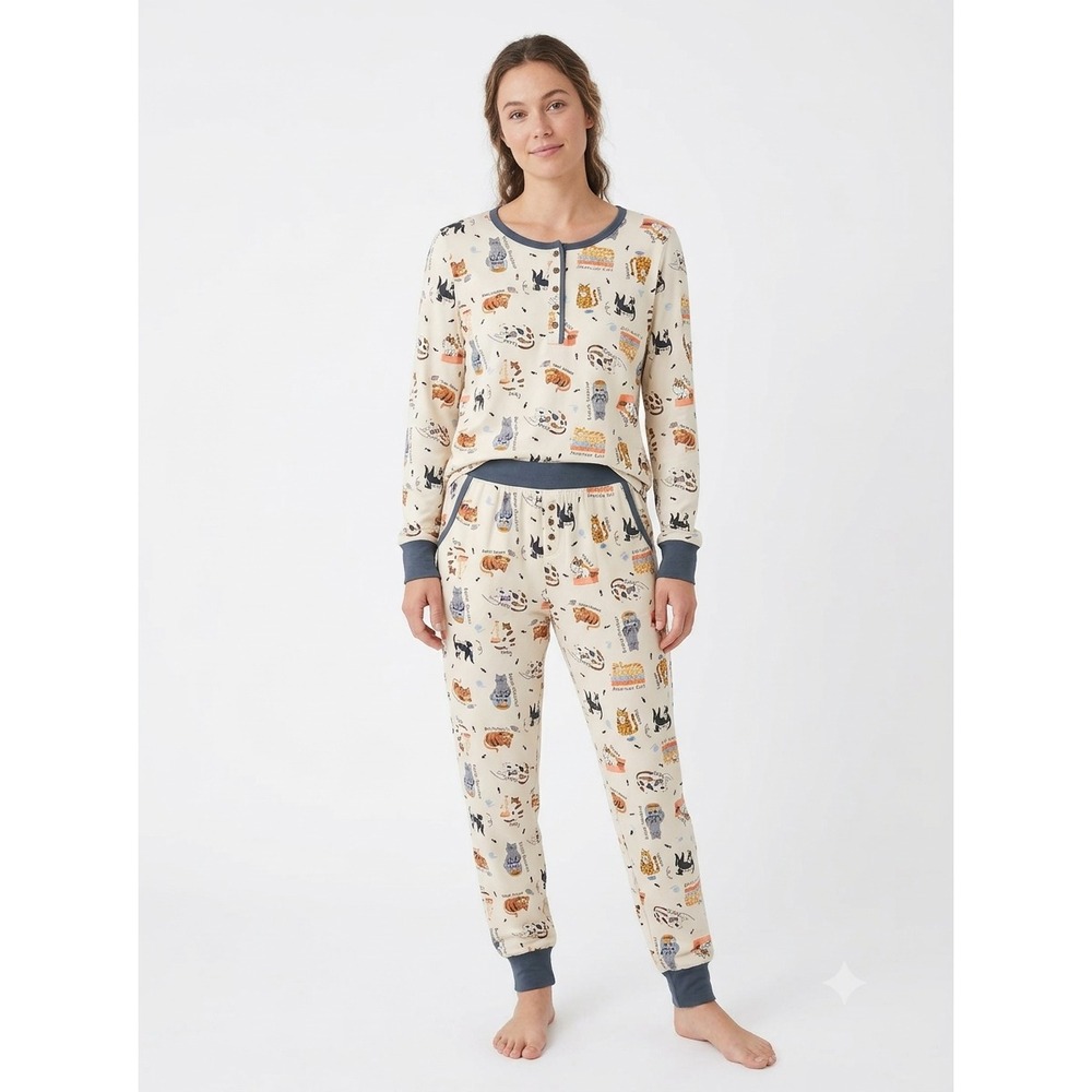 Cuddl Duds Pajama Set Women's S Cream Cat Breeds Henley Top Jogger Pants 2 Piece
